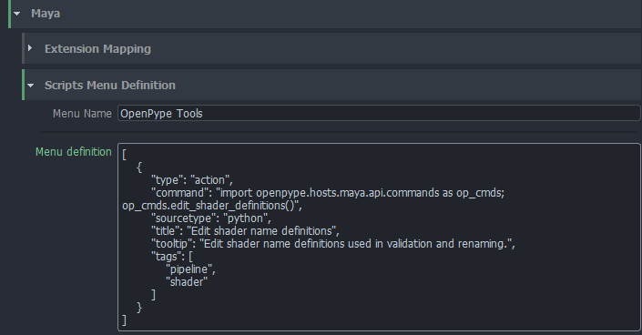 Custom menu definition